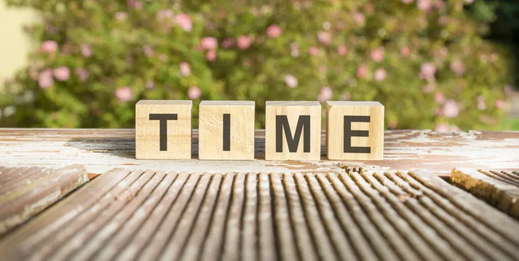 word timee is written wooden cubes blocks are placed old wooden board illuminated by sun background is brightly blooming shrub